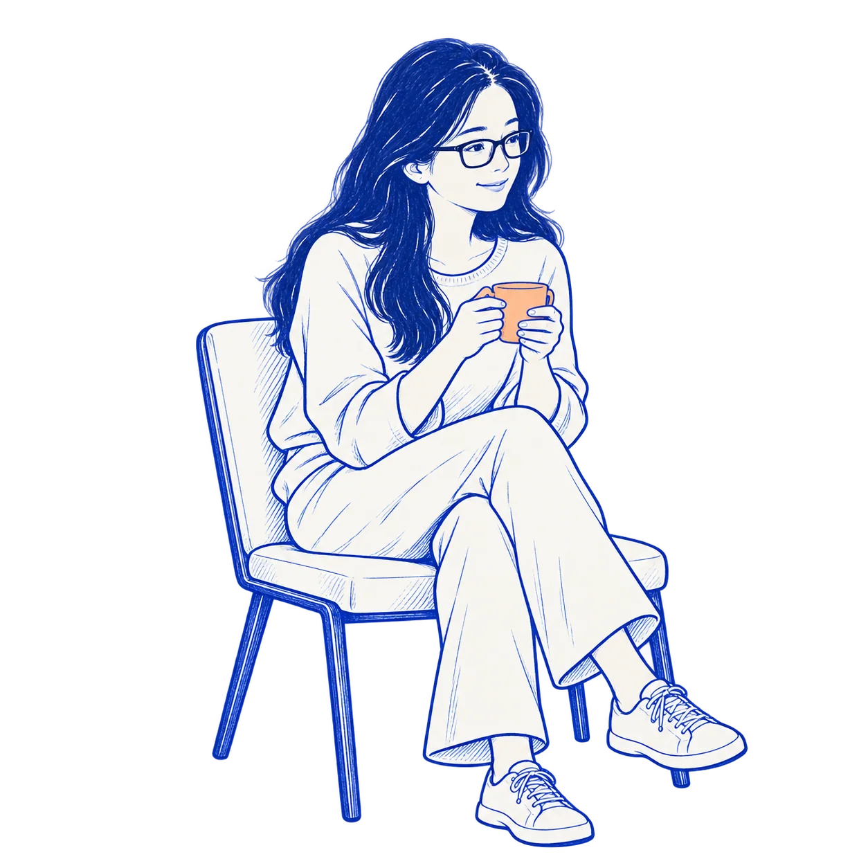 左小一捧着杯子，坐着听朋友说话。人物插画。