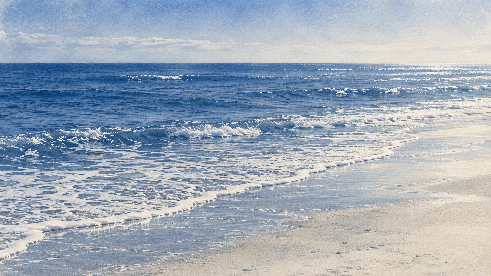 海浪轻轻涌向岸边的海边意象插画。