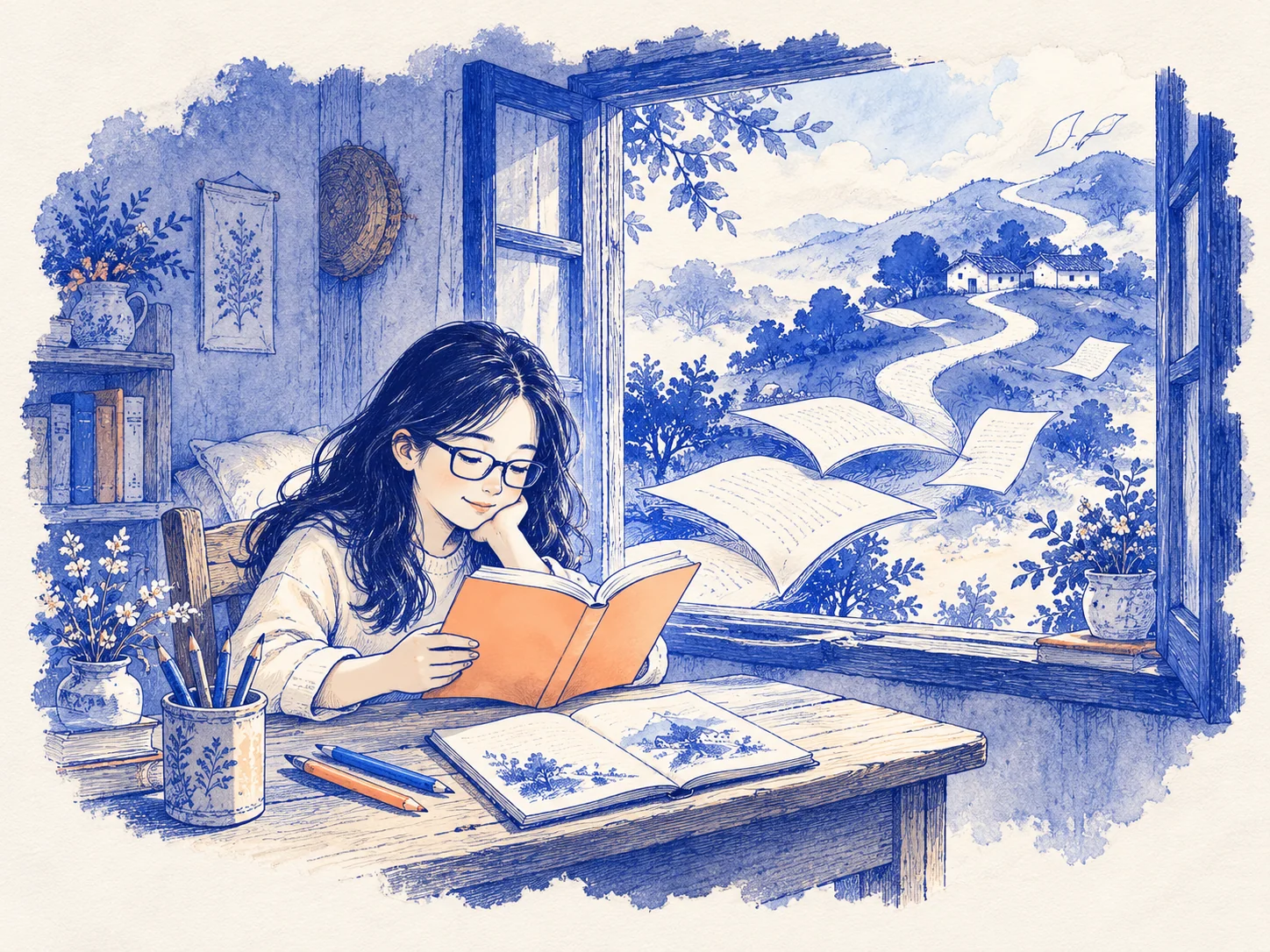 女孩在蓝色窗边读小说，画纸和书页把想象带向窗外。童年场景插画。