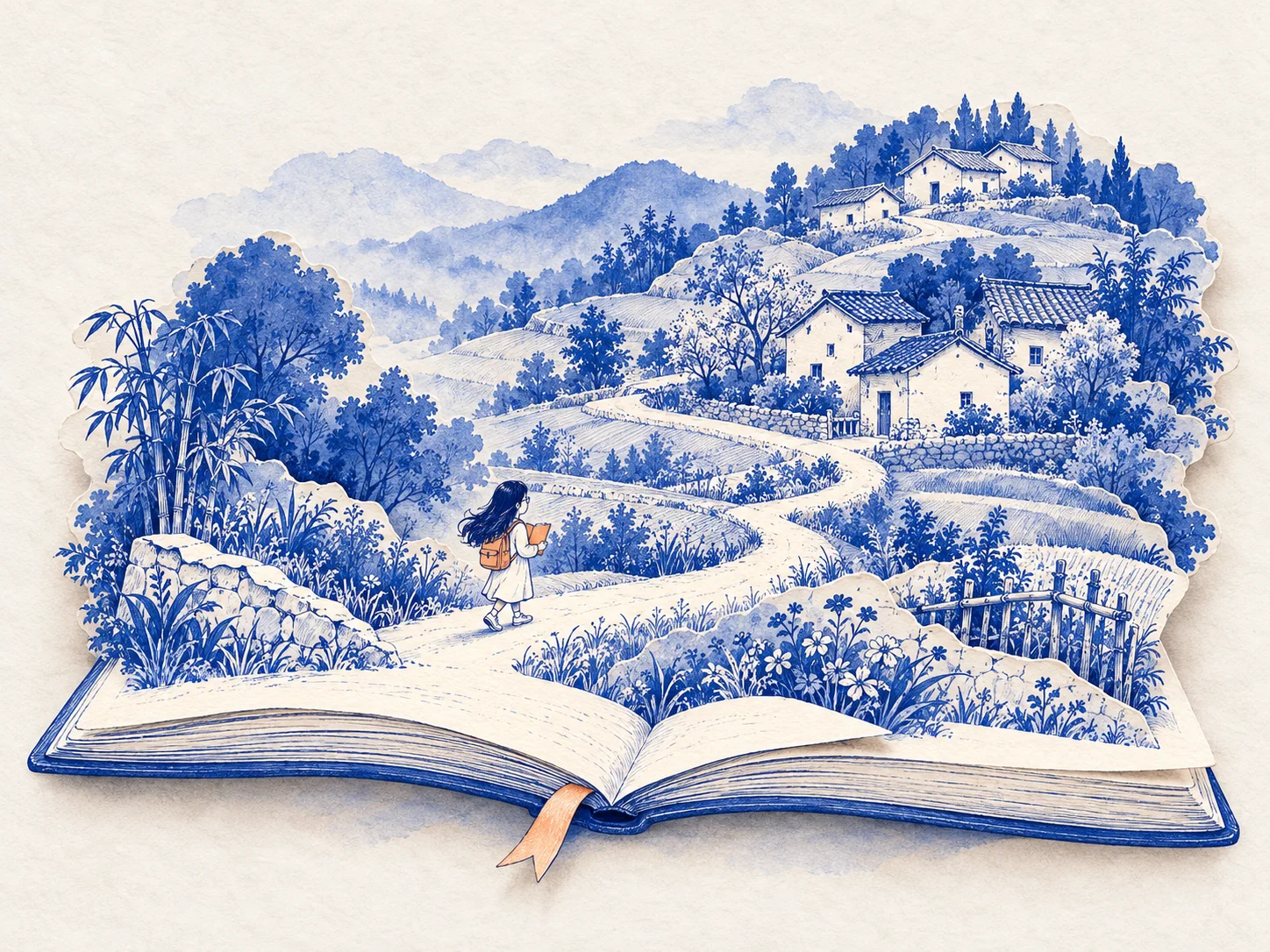蓝色山坡上的安徽村落，小女孩沿着小路向外走。童年场景插画。